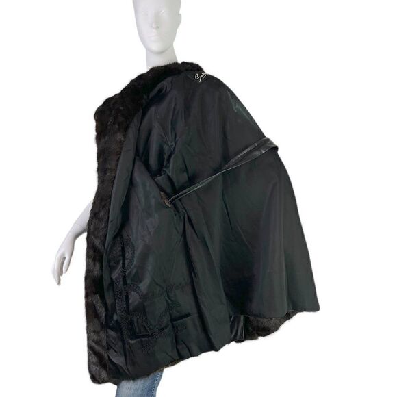 Sakowitz Vintage Mob Wife Dark Brown Mink Stroller Coat Leather Sash Size S/M - Picture 12 of 16